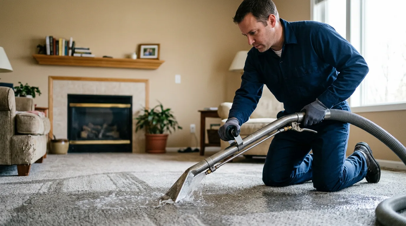Water damage restoration technician working near Highland, KS